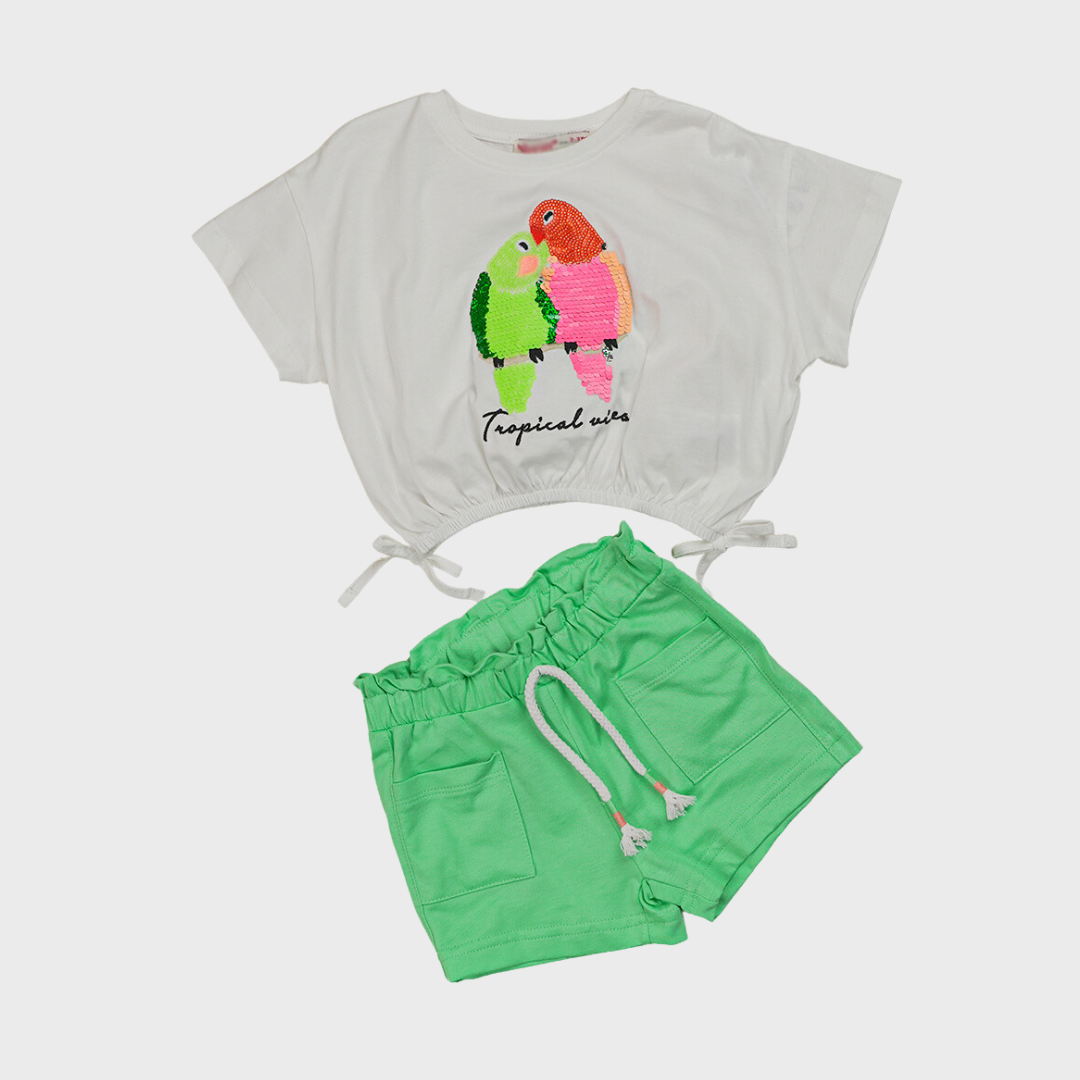 Tropical Cotton Crop Top with Sequin Parrots