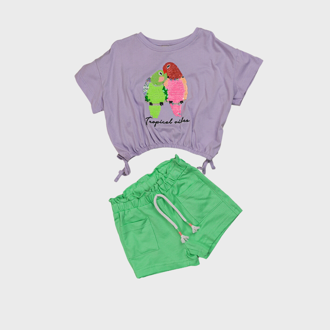 Tropical Cotton Crop Top with Sequin Parrots