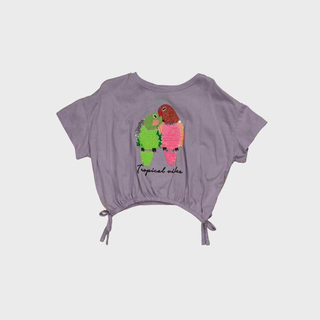 Tropical Cotton Crop Top with Sequin Parrots