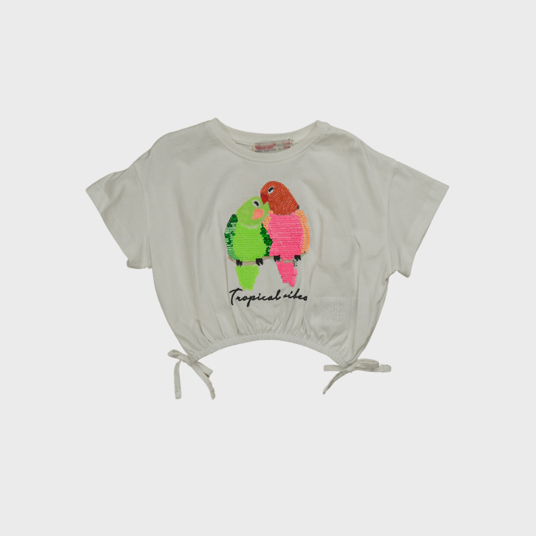Tropical Cotton Crop Top with Sequin Parrots