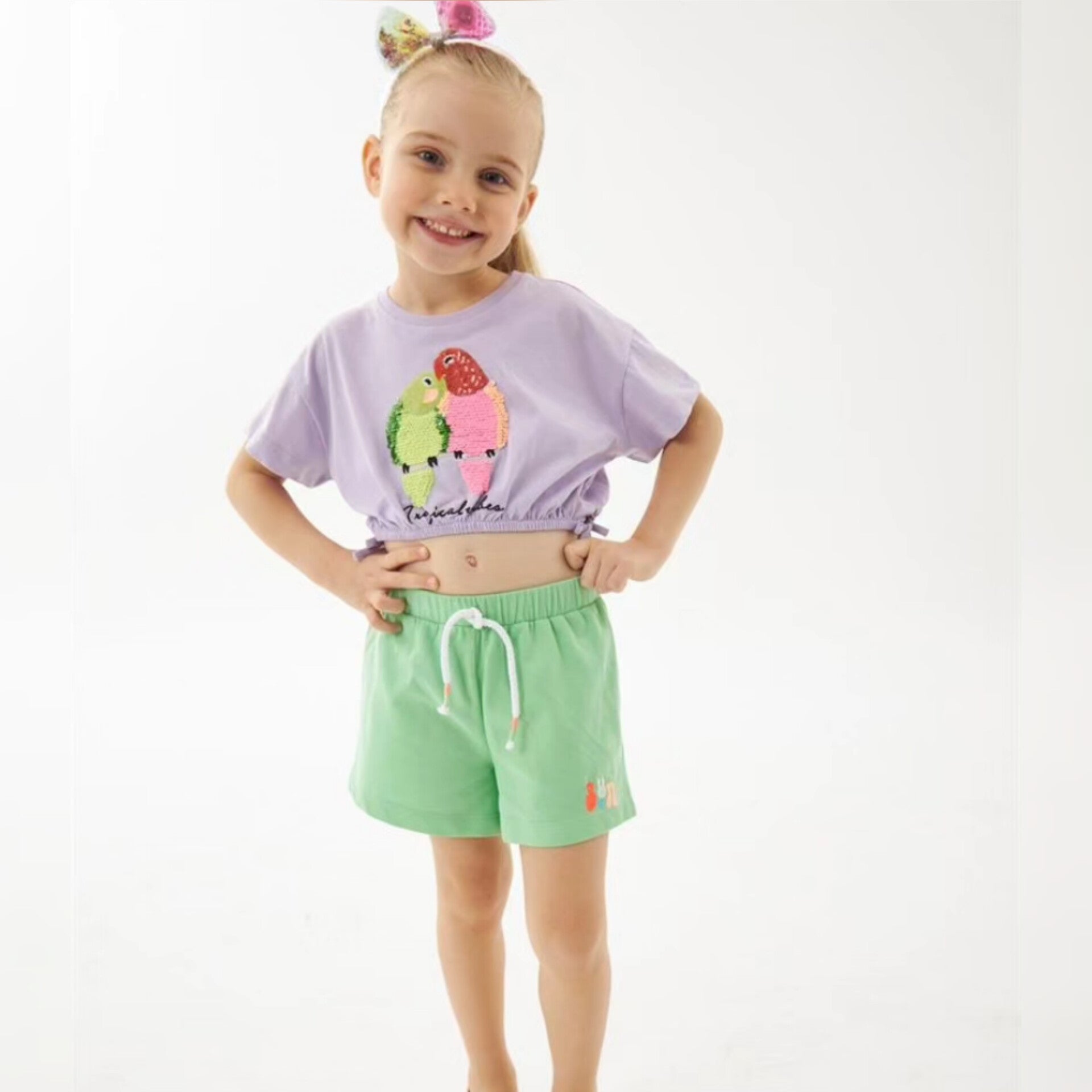 Tropical Cotton Crop Top with Sequin Parrots