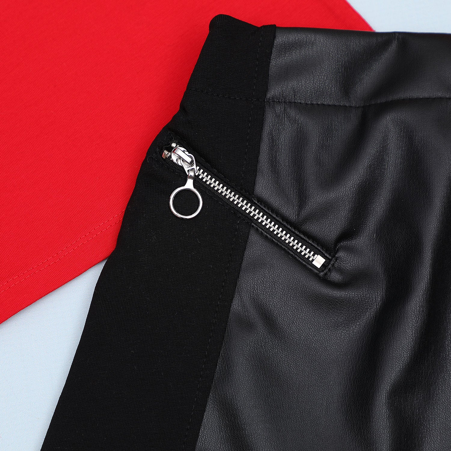 Red Top & Black Leather Skirt Casual Set - Red Top & Black Leather Skirt Casual Set - 5 Years - Wanex - Melymod