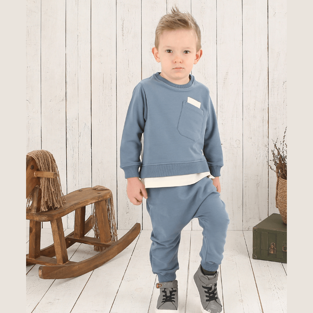 Gray-Blue Organic Cotton Boy Sweat with Pockets with Organic Fit Pants - Gray-Blue Organic Cotton Boy Sweat with Pockets with Organic Fit Pants - 6-12 Months - NilaKids - Melymod