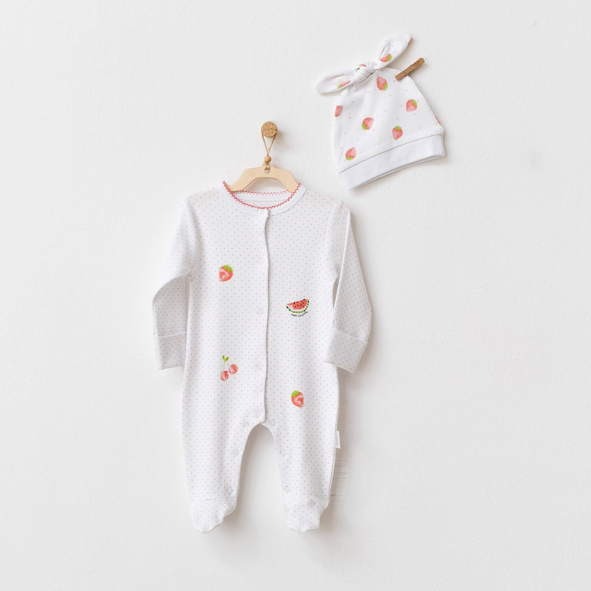 Strawberry Picnic Time - 2 Pieces Baby Girl Pajama Hat Set - Strawberry Picnic Time - 2 Pieces Baby Girl Pajama Hat Set - 0-1 Months - Andywawa - Melymod