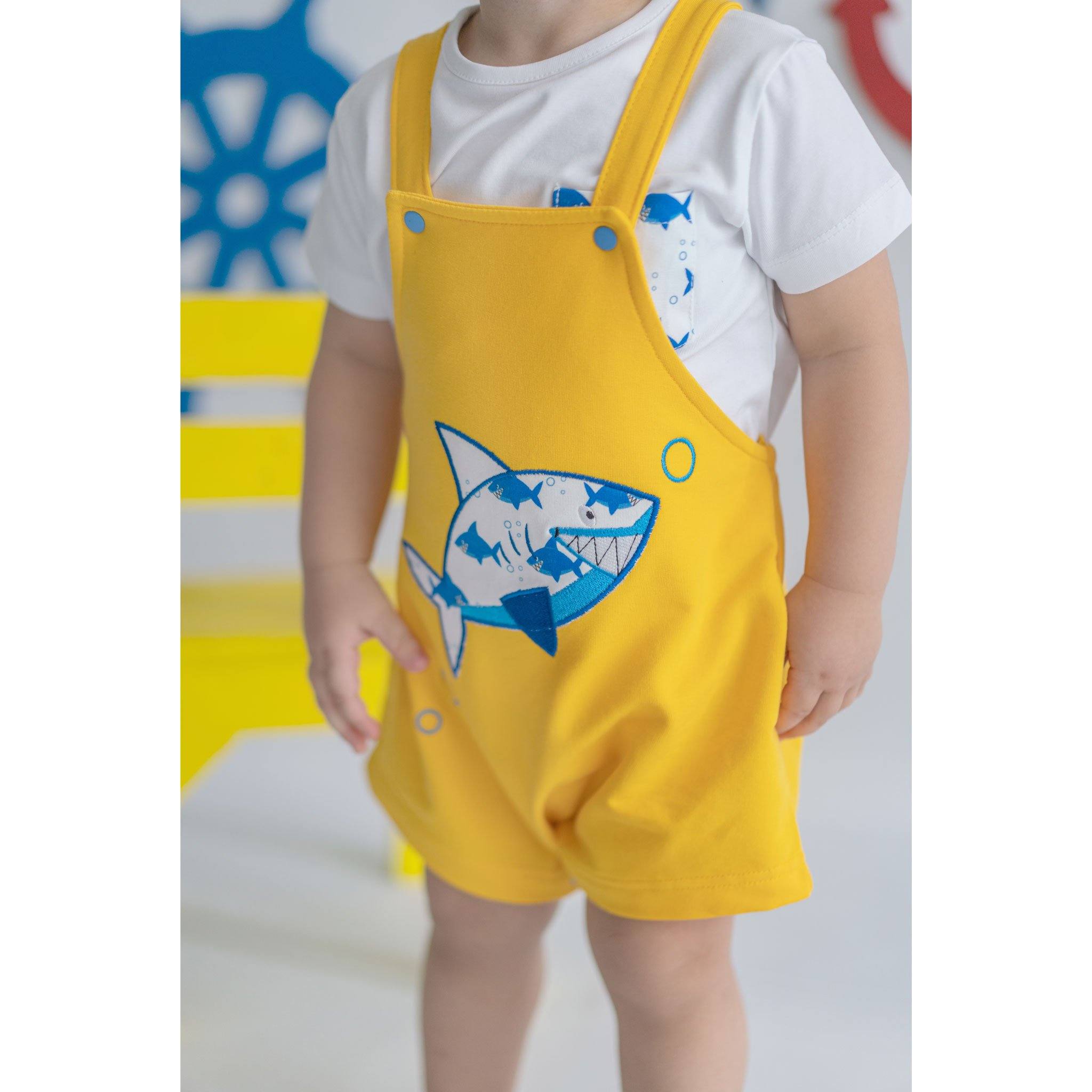 Shark in Yellow/Blue Organic Baby Boy Short Romper - Shark in Yellow/Blue Organic Baby Boy Short Romper - 3-6 Months / Blue - NilaKids - Melymod