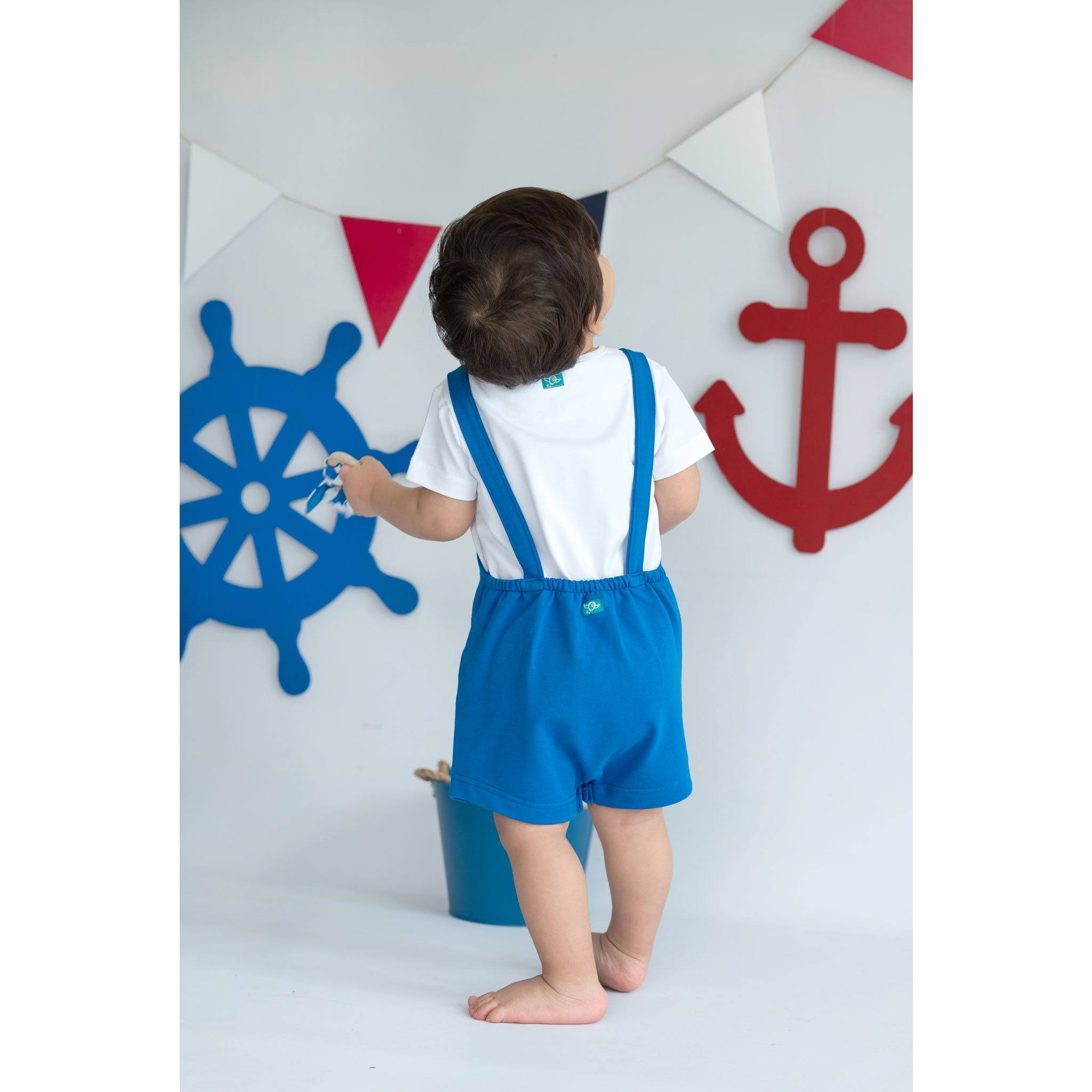 Shark in Yellow/Blue Organic Baby Boy Short Romper - Shark in Yellow/Blue Organic Baby Boy Short Romper - 3-6 Months / Blue - NilaKids - Melymod