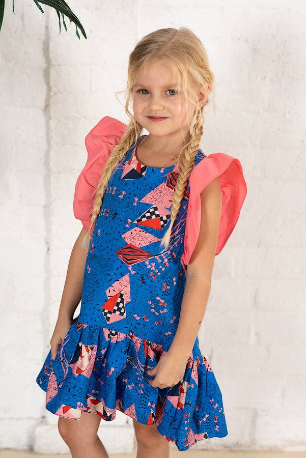 Blue Spring Dress with Pink Ruffles over the Shoulders - Blue Spring Dress with Pink Ruffles over the Shoulders - 4-5 Years - Lia Lea - Melymod