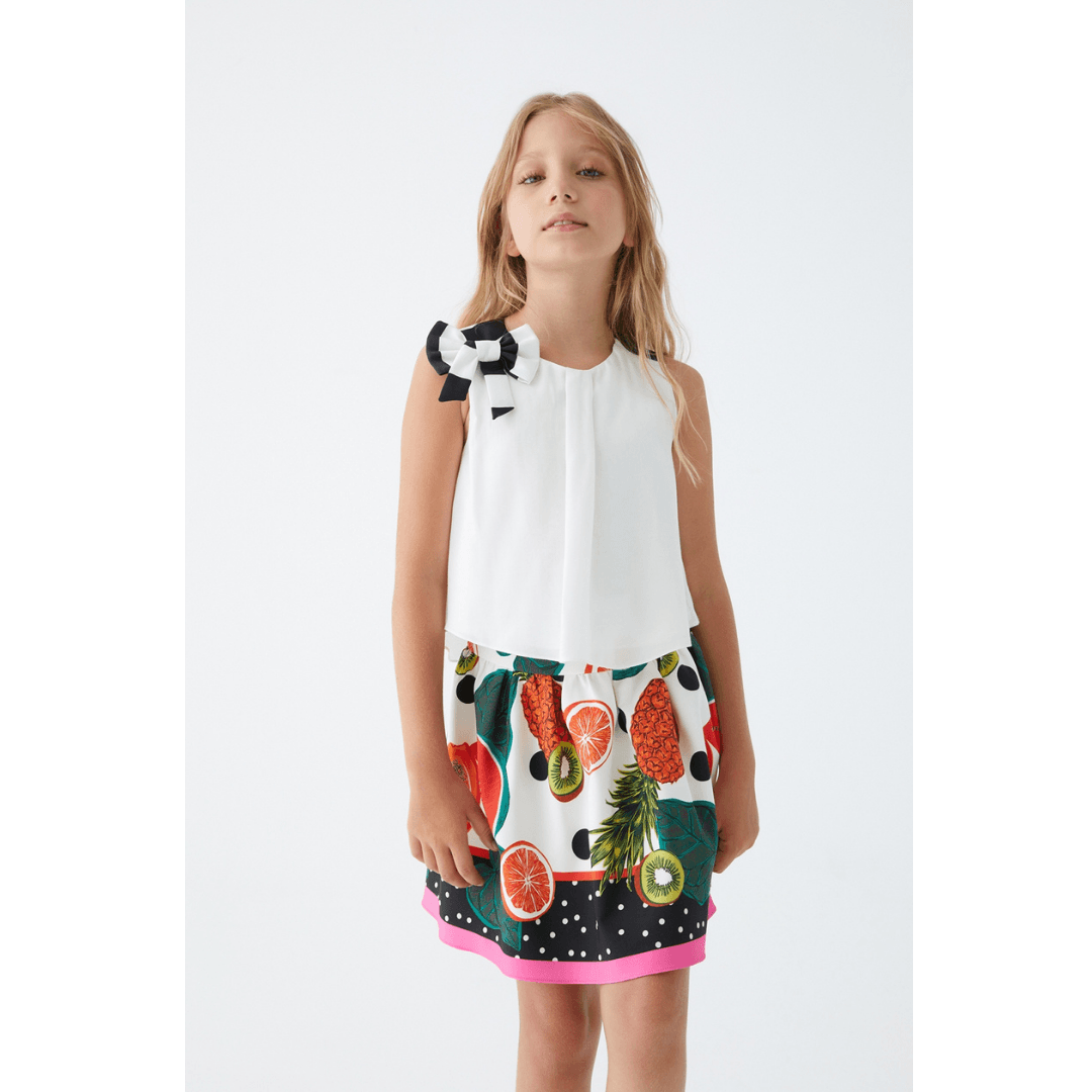 Fruity Patterned Skirt With White Blouse Set - Fruity Patterned Skirt With White Blouse Set - 5-6 Years - Lia Lea - Melymod