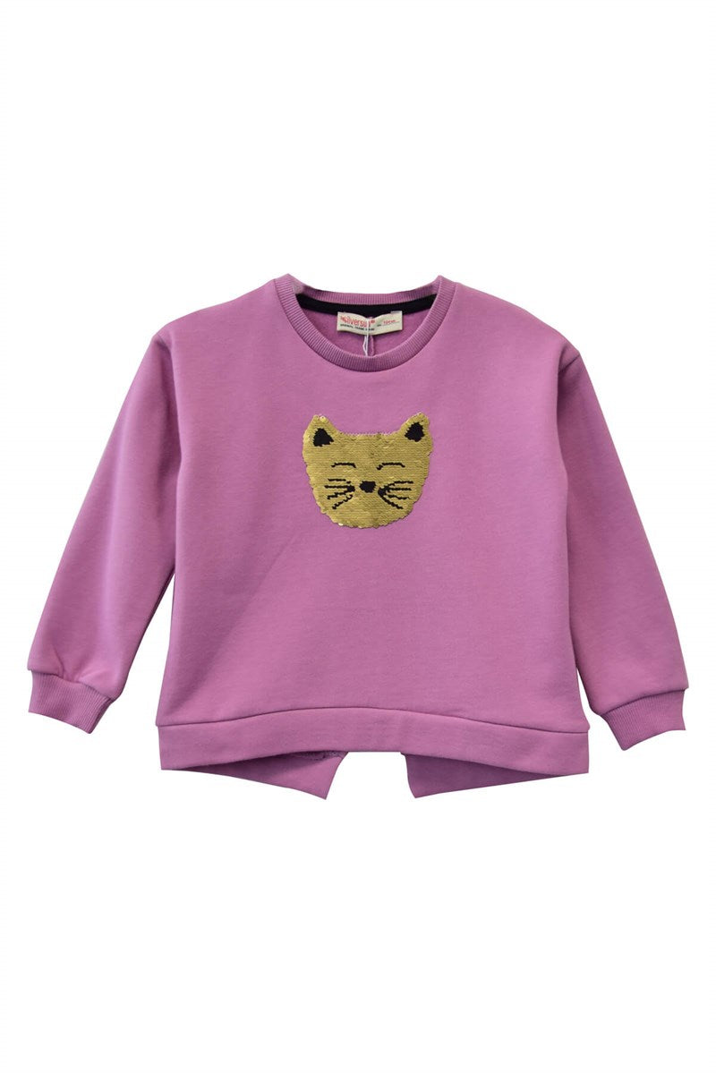 Lilac Colored Sequin Embroidered Slit Detailed Girl Sweatshirt - Lilac Colored Sequin Embroidered Slit Detailed Girl Sweatshirt - 2-3 Years - Silversun - Melymod