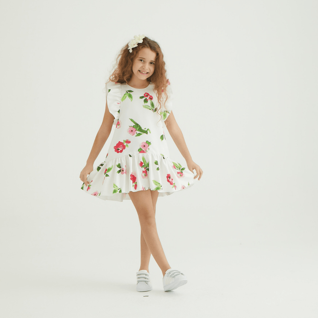 White with Pink Flowers Dress - White with Pink Flowers Dress - 4-5 Years - She She - Melymod