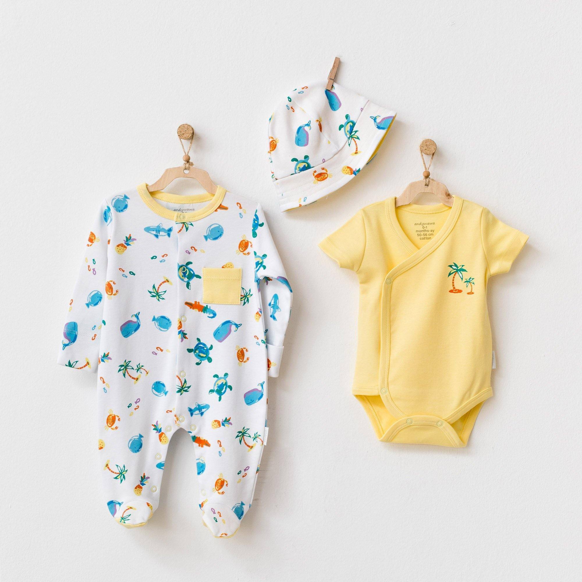 Play Time - 3 Pieces Pajama Bodysuit Hat Set - Play Time - 3 Pieces Pajama Bodysuit Hat Set - 0-3 Months - Andywawa - Melymod