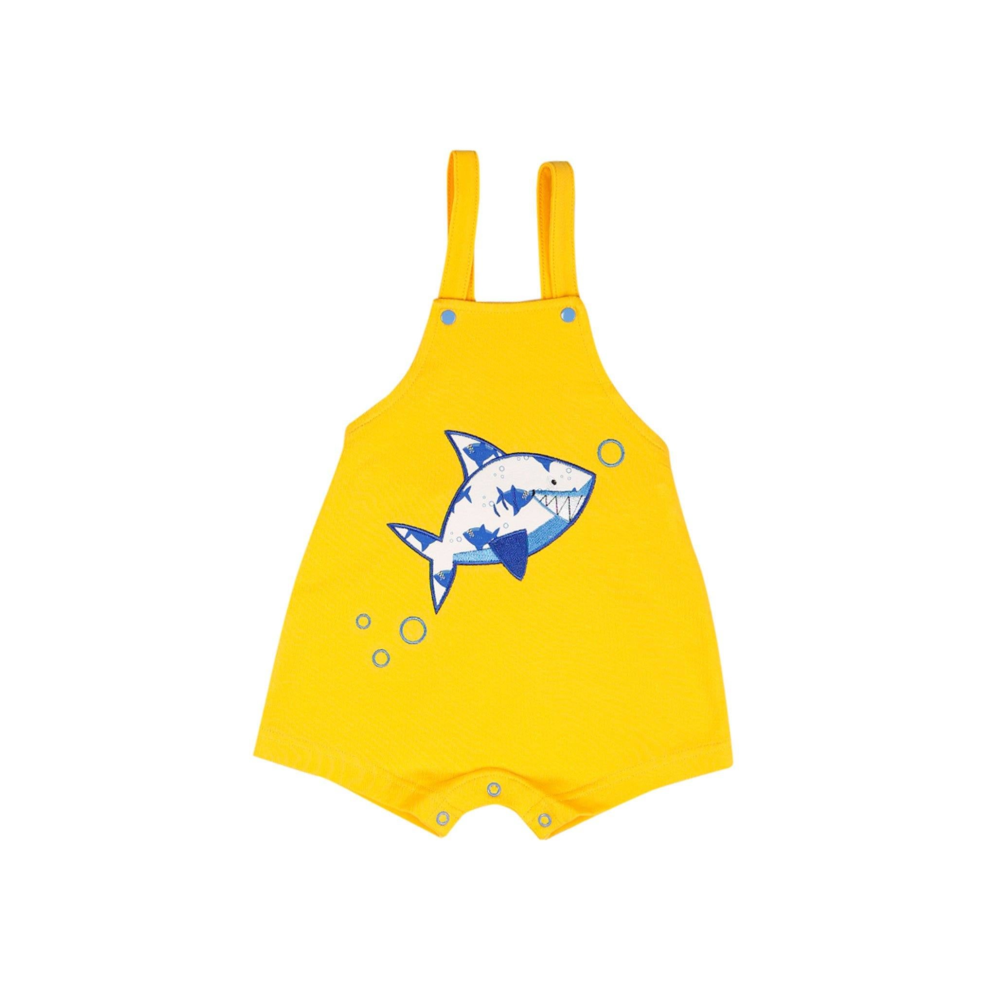 Shark in Yellow/Blue Organic Baby Boy Short Romper - Shark in Yellow/Blue Organic Baby Boy Short Romper - 3-6 Months / Blue - NilaKids - Melymod