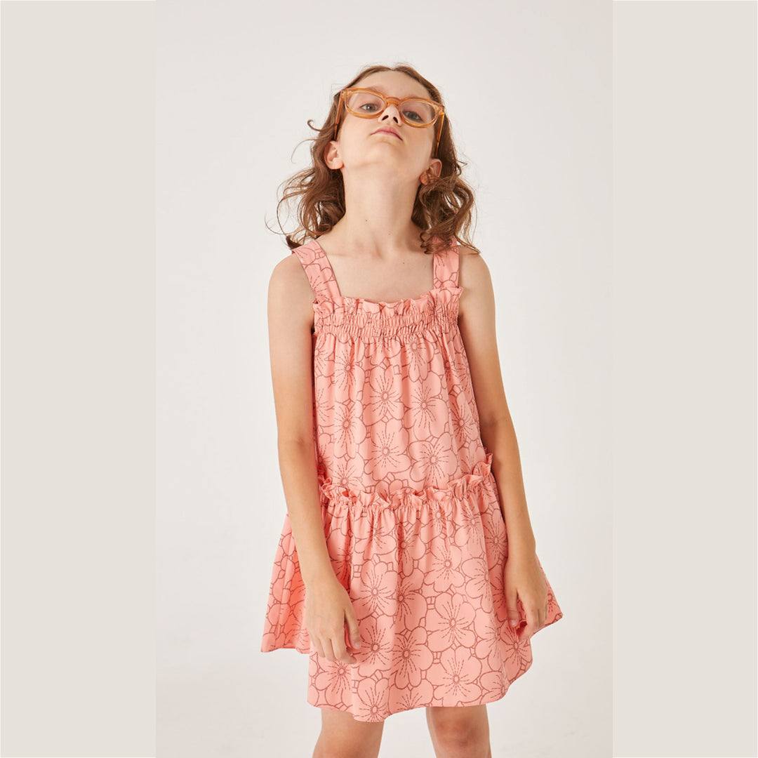 Coral Dress with Flowers Patterns - Coral Dress with Flowers Patterns - 4-5 Years / Coral / Poplin Cotton - Lia Lea - Melymod